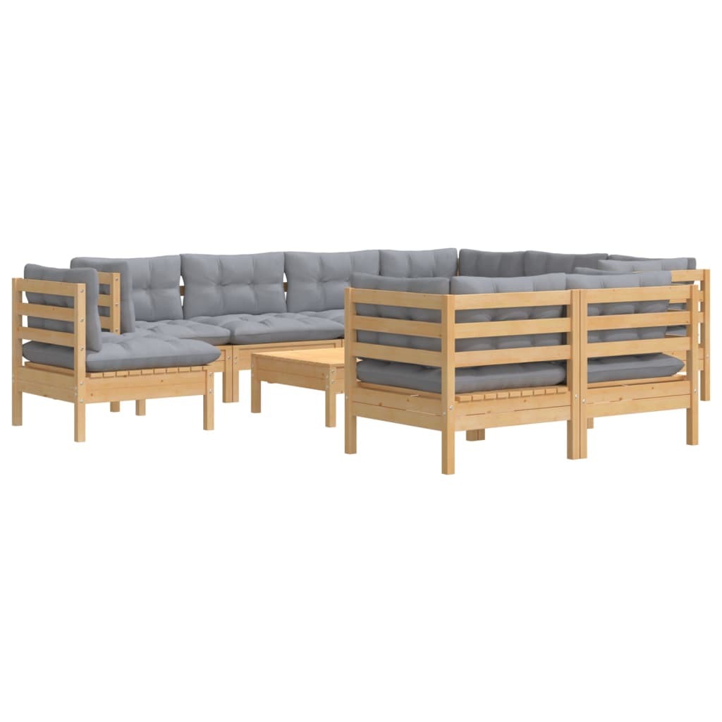 10 Piece Patio Lounge Set with Gray Cushions Solid Pinewood