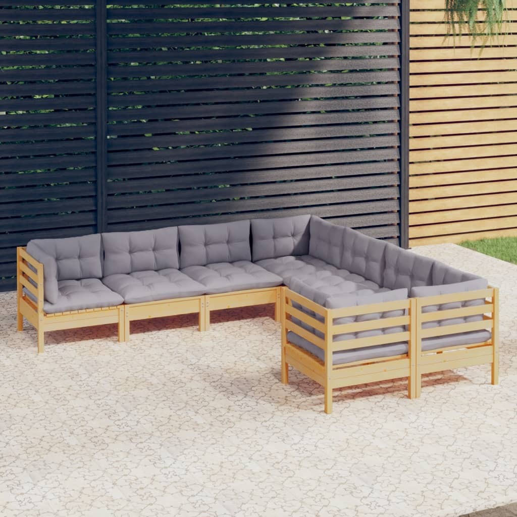 8 Piece Patio Lounge Set with Gray Cushions Solid Pinewood