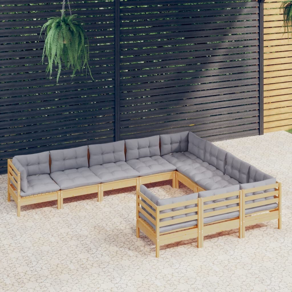 10 Piece Patio Lounge Set with Gray Cushions Pinewood