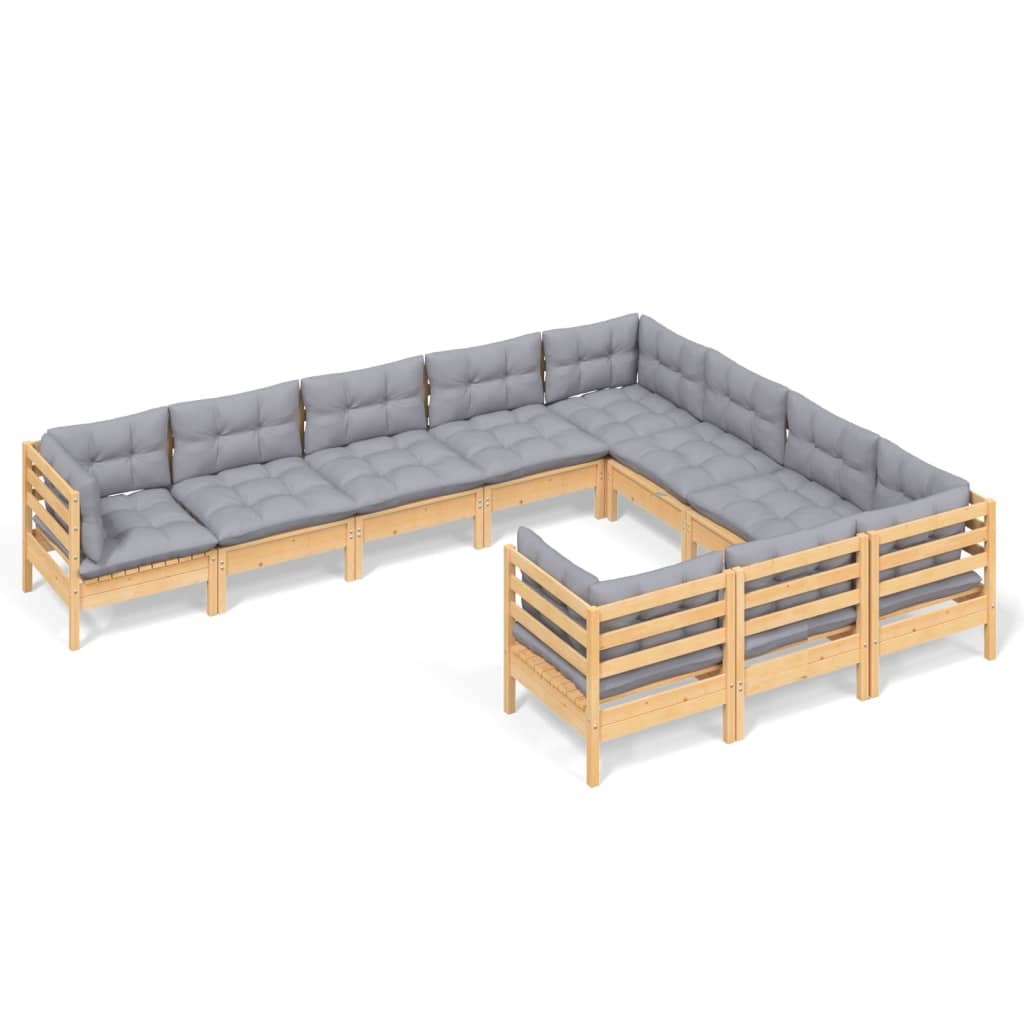 10 Piece Patio Lounge Set with Gray Cushions Pinewood