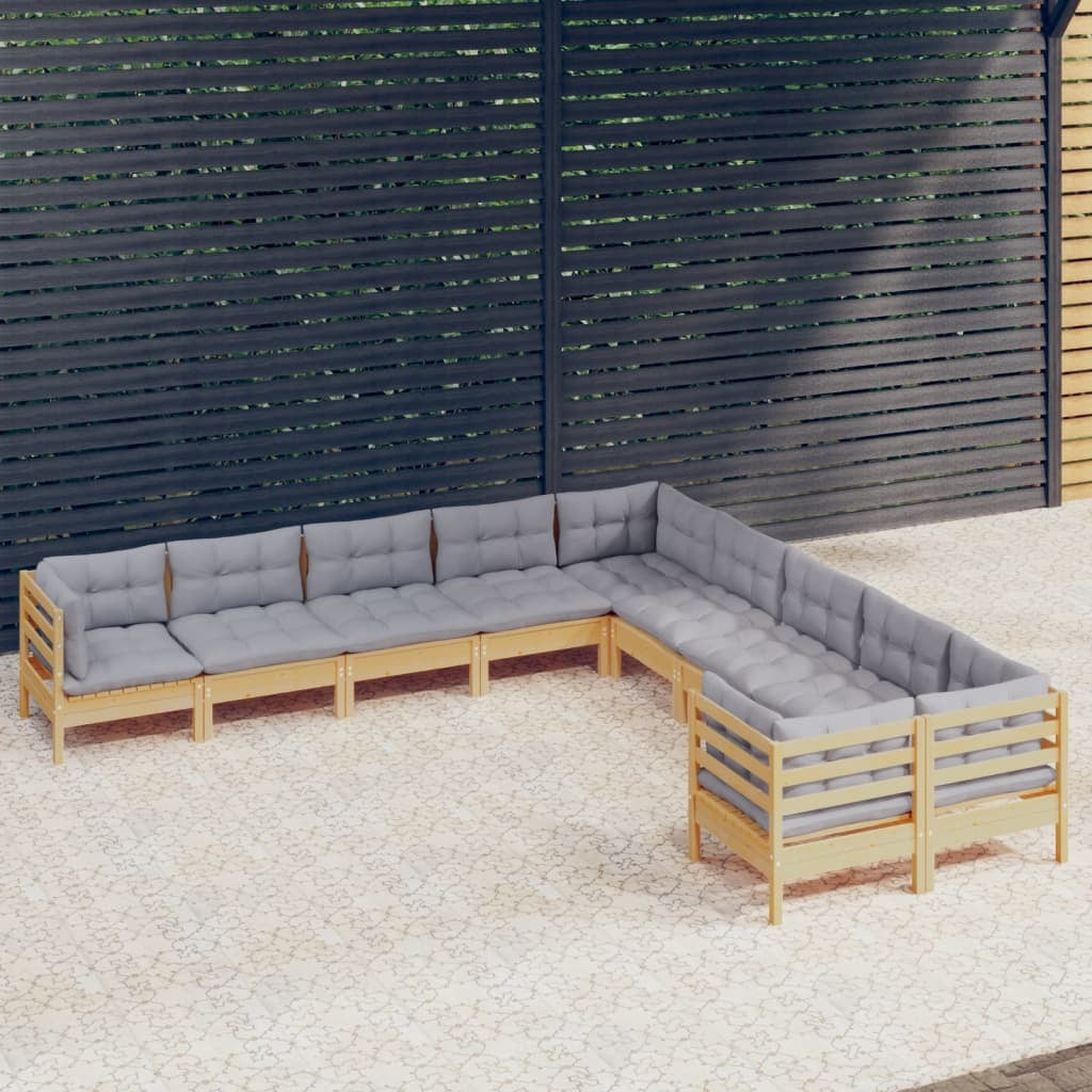 10 Piece Patio Lounge Set with Gray Cushions Pinewood