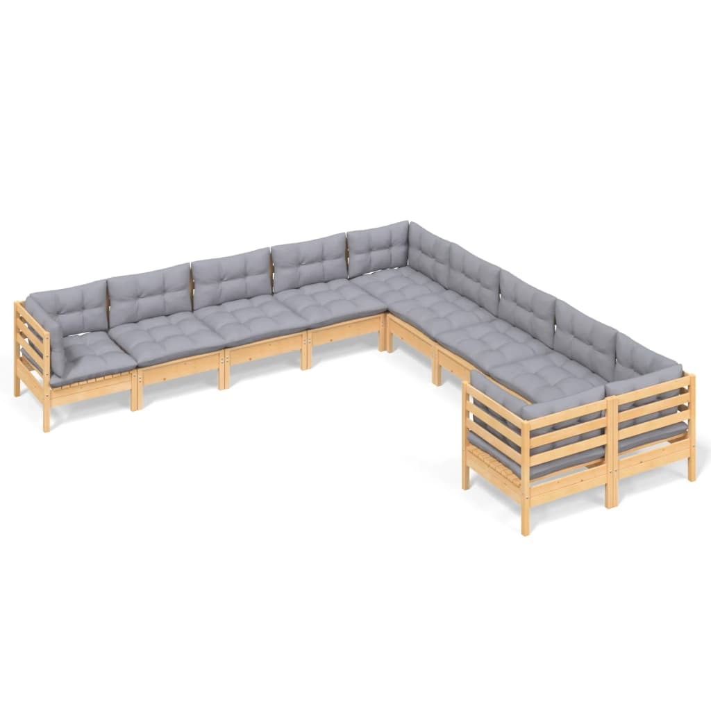 10 Piece Patio Lounge Set with Gray Cushions Pinewood