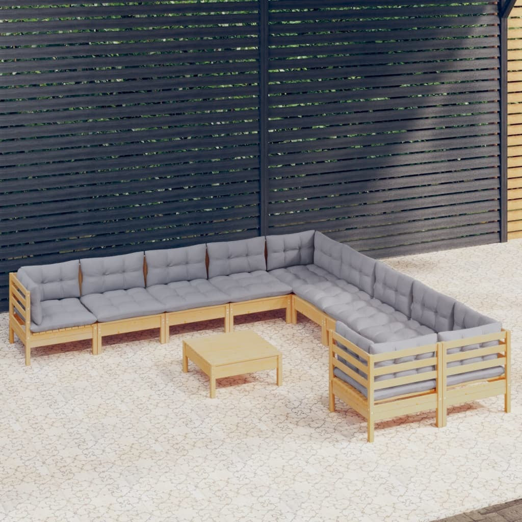 11 Piece Patio Lounge Set with Gray Cushions Pinewood
