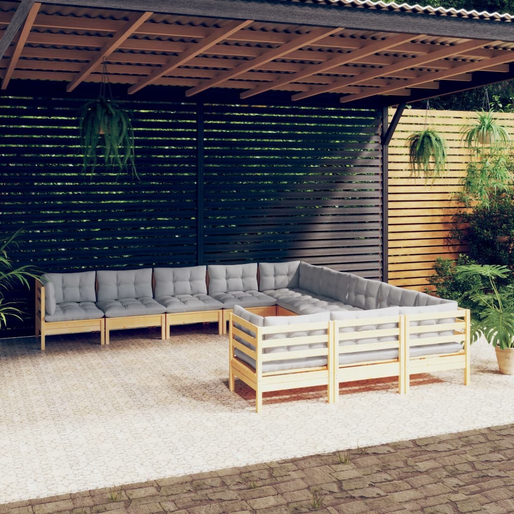 11 Piece Patio Lounge Set with Gray Cushions Pinewood