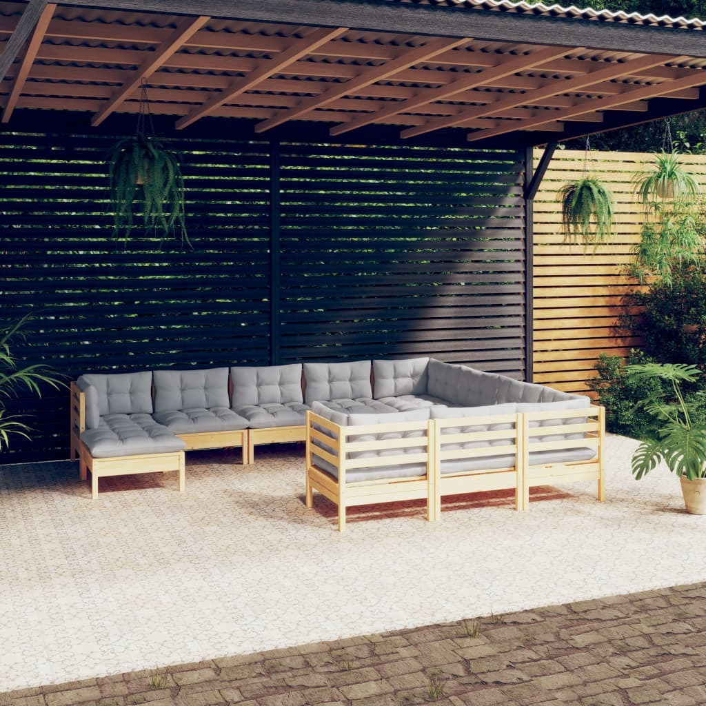 11 Piece Patio Lounge Set with Gray Cushions Pinewood