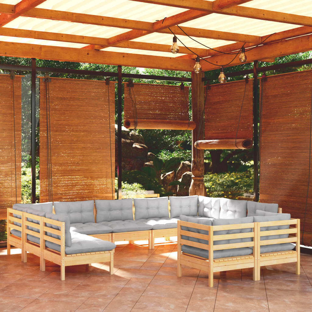 11 Piece Patio Lounge Set with Gray Cushions Solid Pinewood