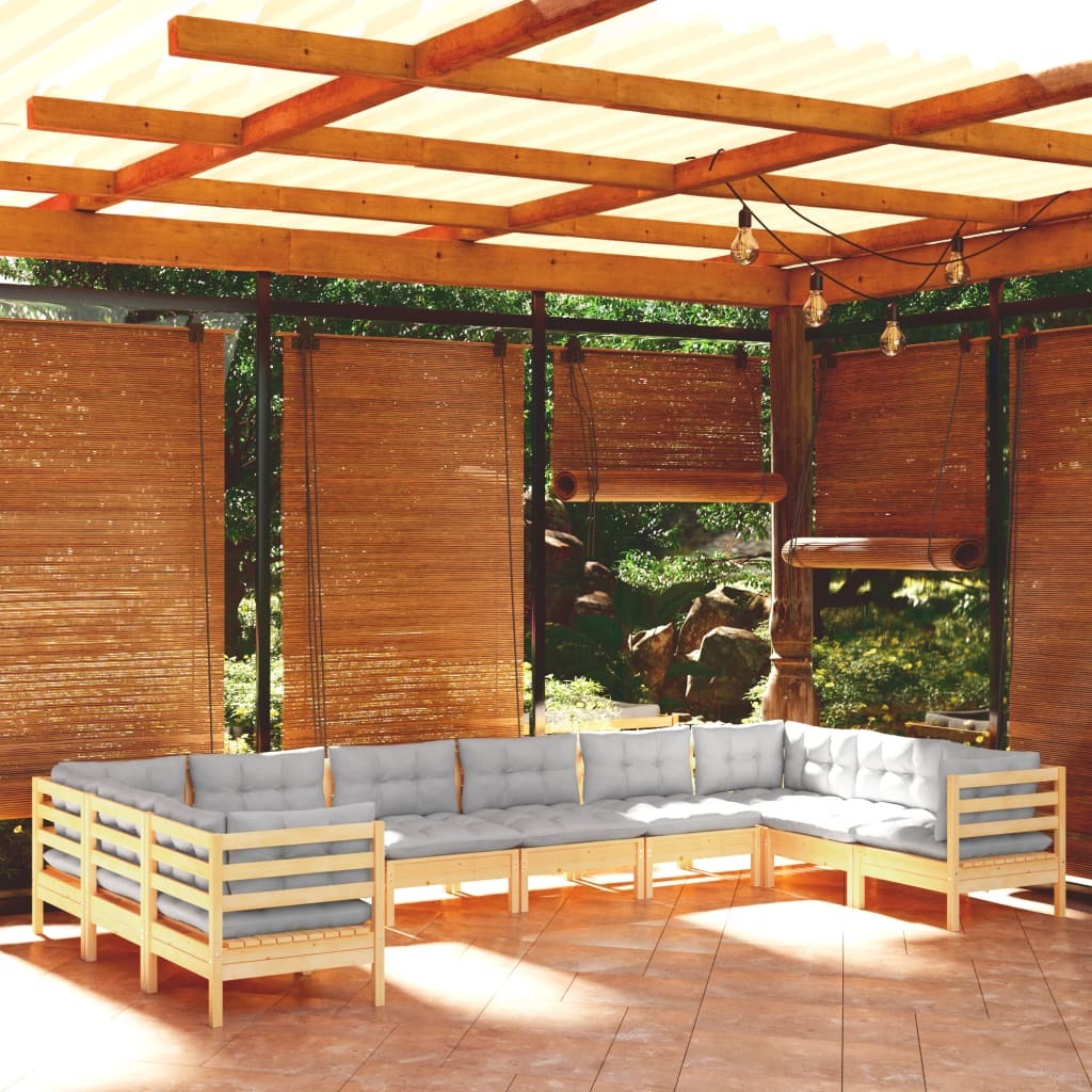 10 Piece Patio Lounge Set with Gray Cushions Pinewood