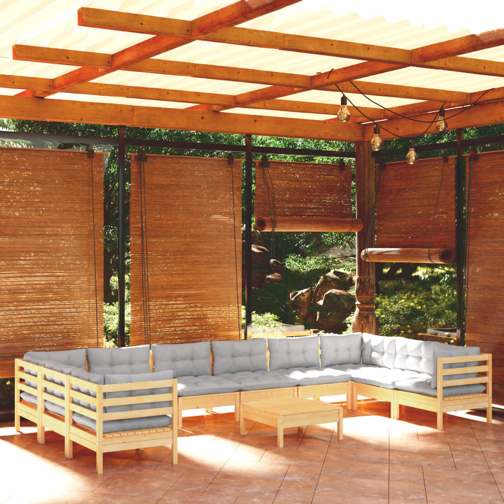 11 Piece Patio Lounge Set with Gray Cushions Pinewood