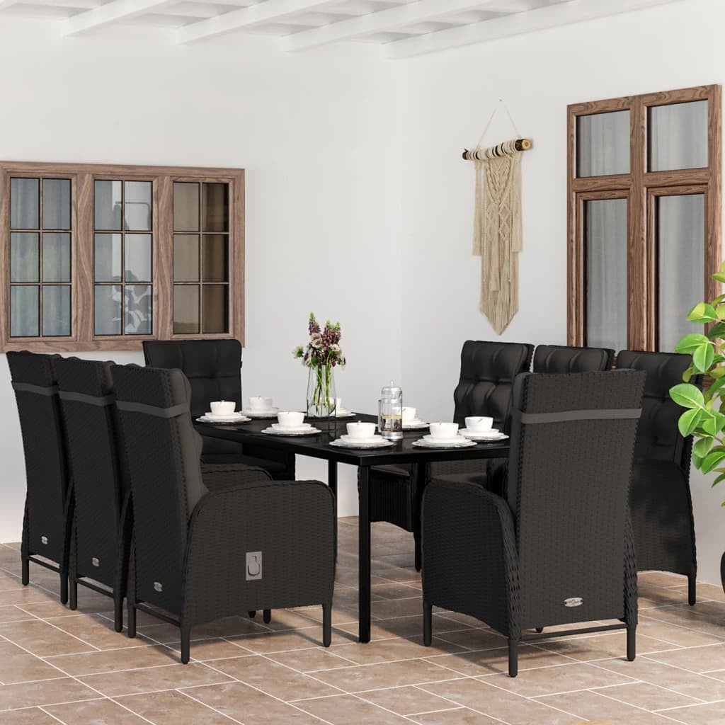 9 Piece Patio Dining Set with Cushions Black
