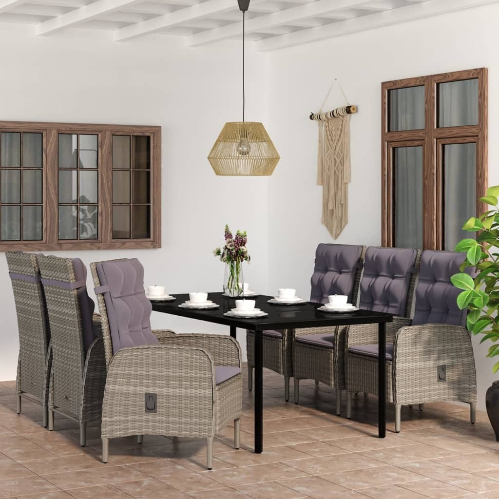 7 Piece Patio Dining Set with Cushions Gray and Black