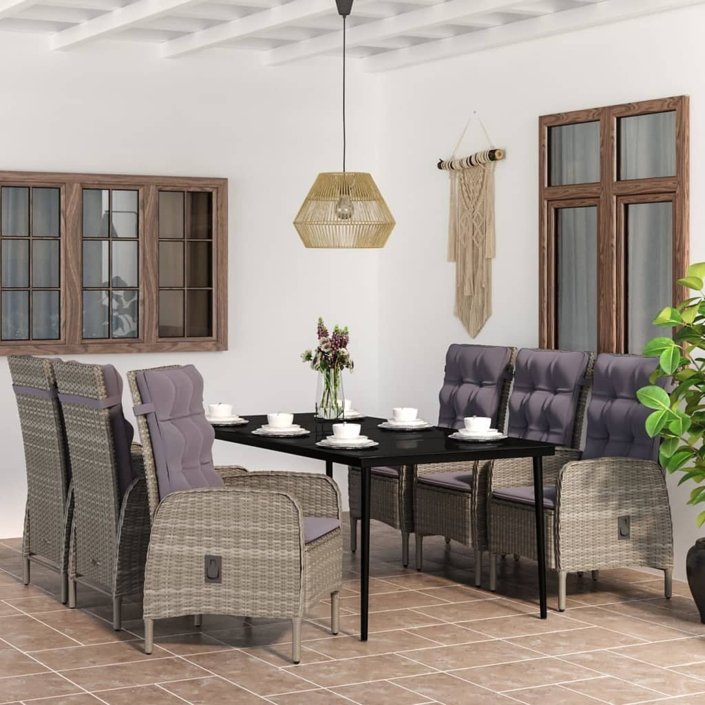 7 Piece Patio Dining Set with Cushions Gray and Black