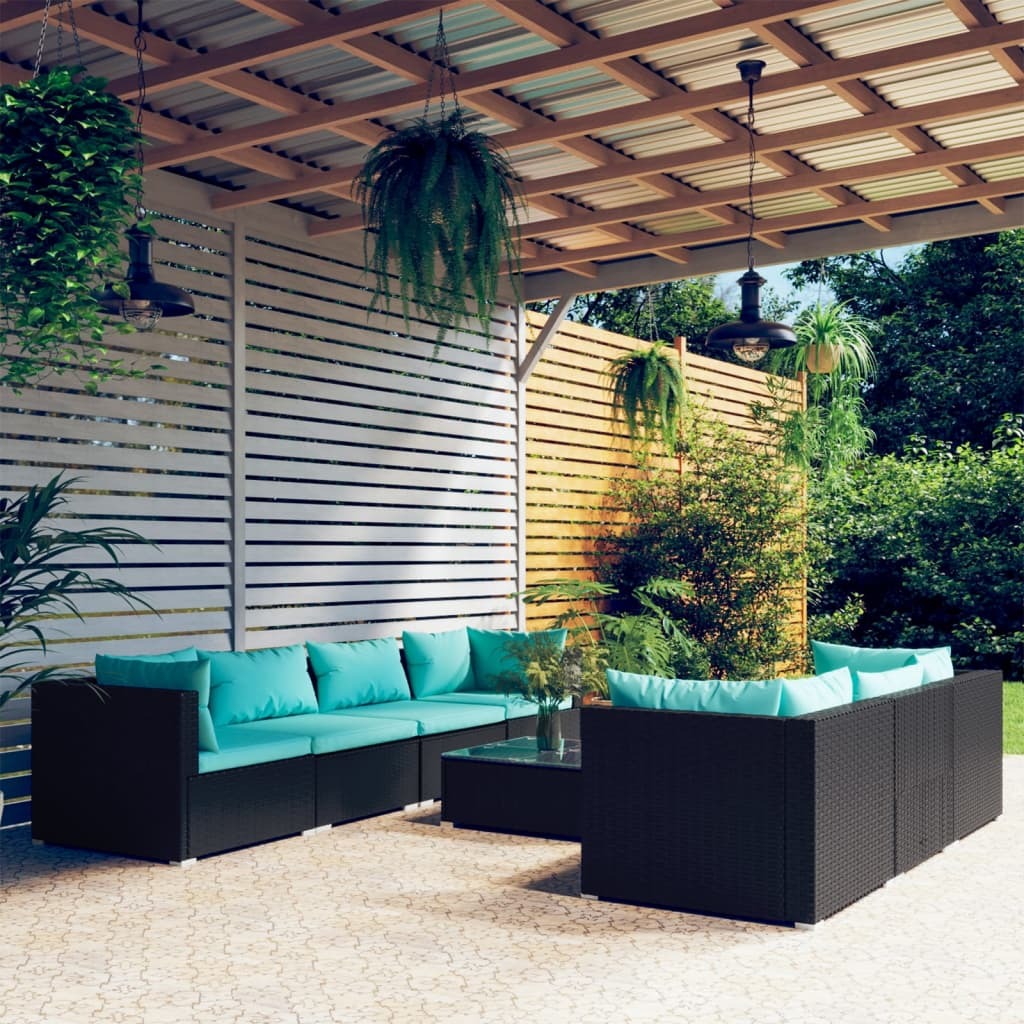 8 Piece Patio Lounge Set with Cushions Poly Rattan Black