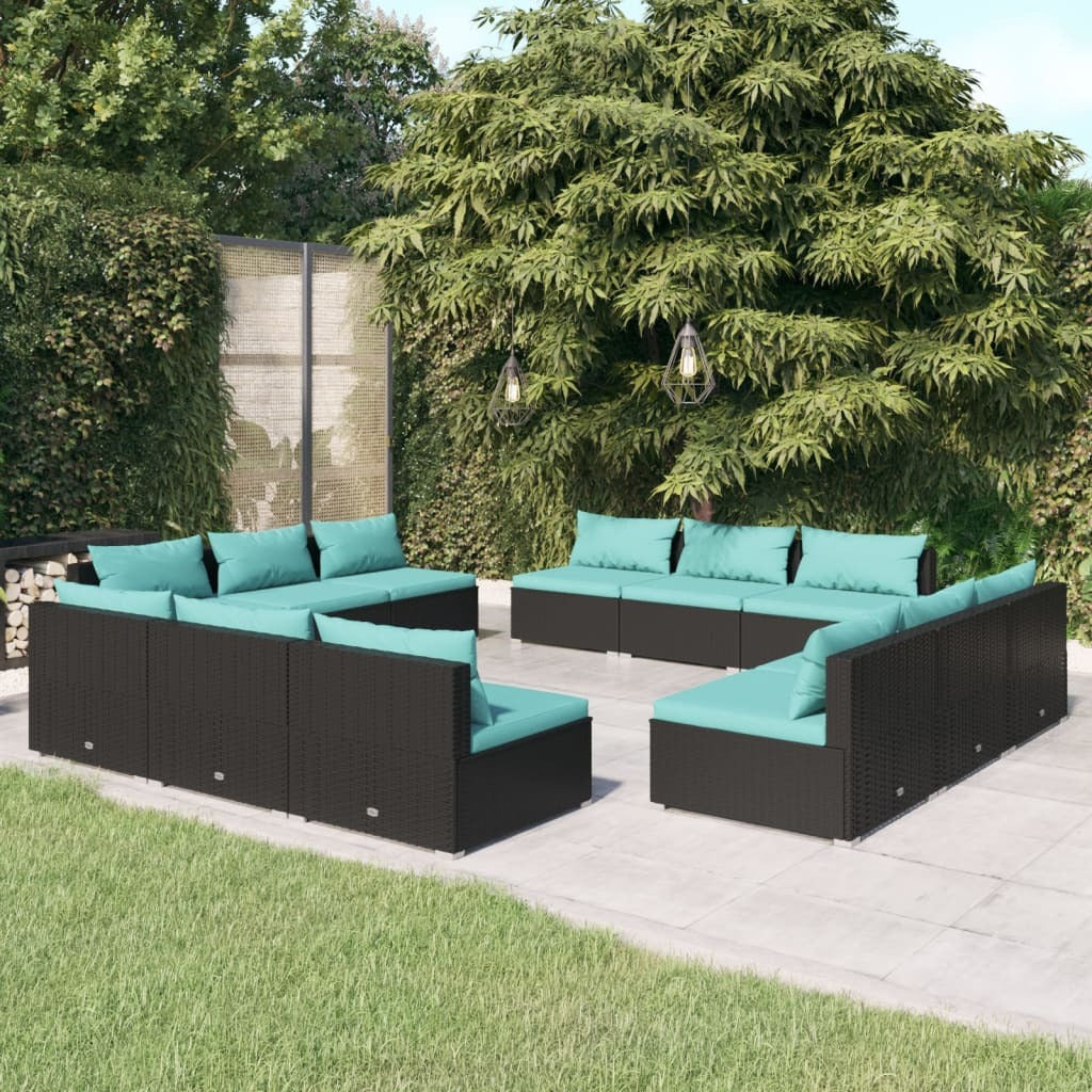 12 Piece Patio Lounge Set with Cushions Poly Rattan Black