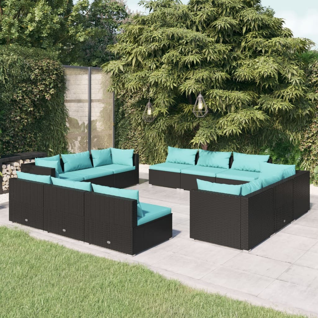 12 Piece Patio Lounge Set with Cushions Poly Rattan Black