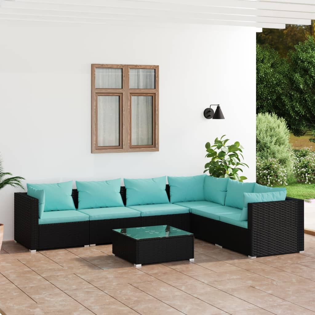 7 Piece Patio Lounge Set with Cushions Poly Rattan Black