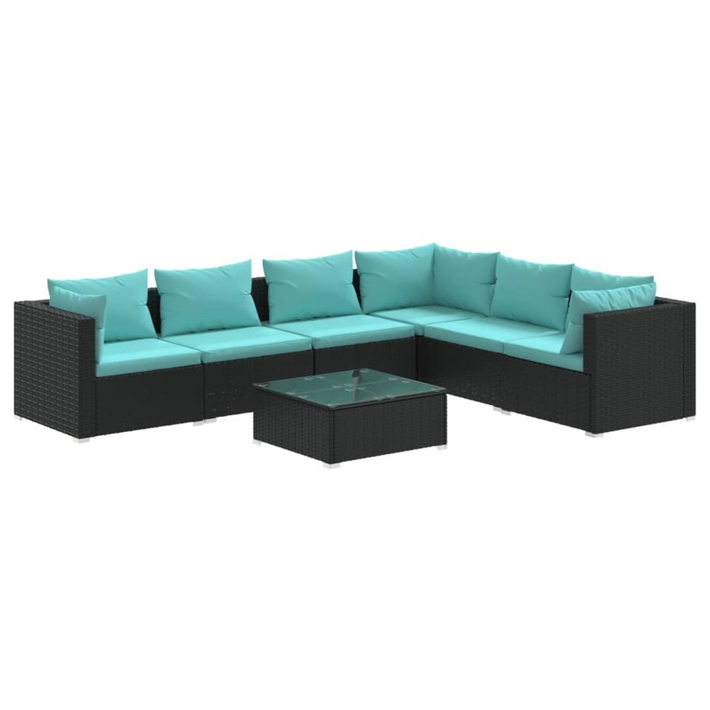 7 Piece Patio Lounge Set with Cushions Poly Rattan Black
