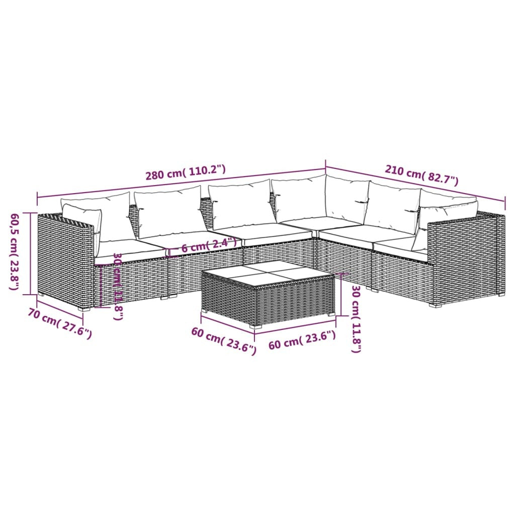 7 Piece Patio Lounge Set with Cushions Poly Rattan Black