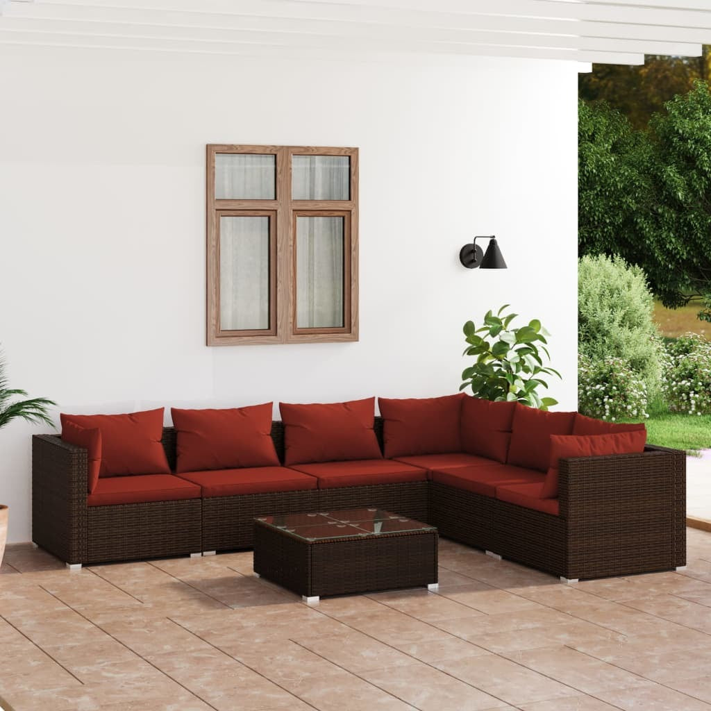 7 Piece Patio Lounge Set with Cushions Poly Rattan Brown