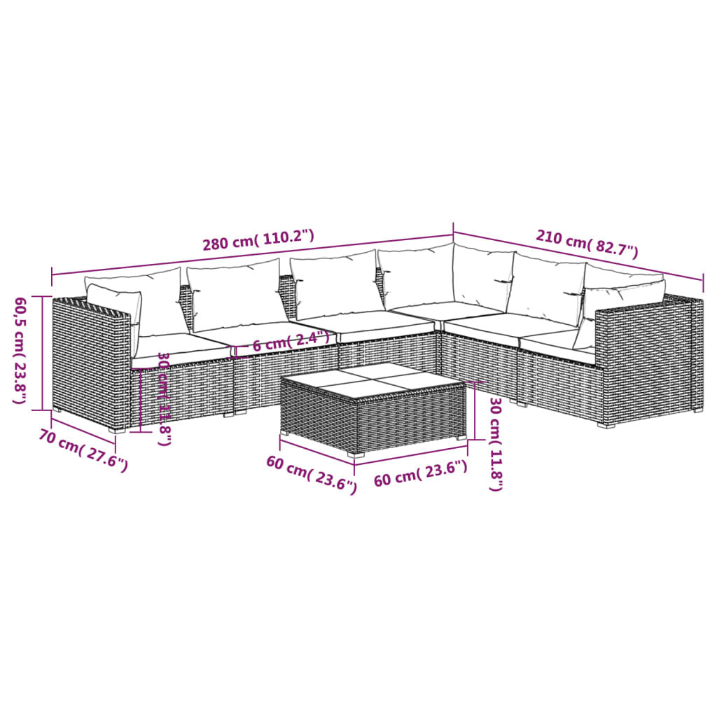 7 Piece Patio Lounge Set with Cushions Poly Rattan Gray