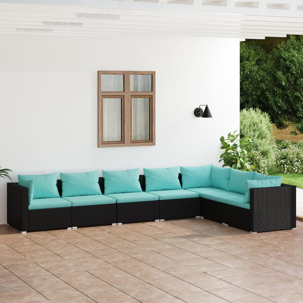 7 Piece Patio Lounge Set with Cushions Poly Rattan Black