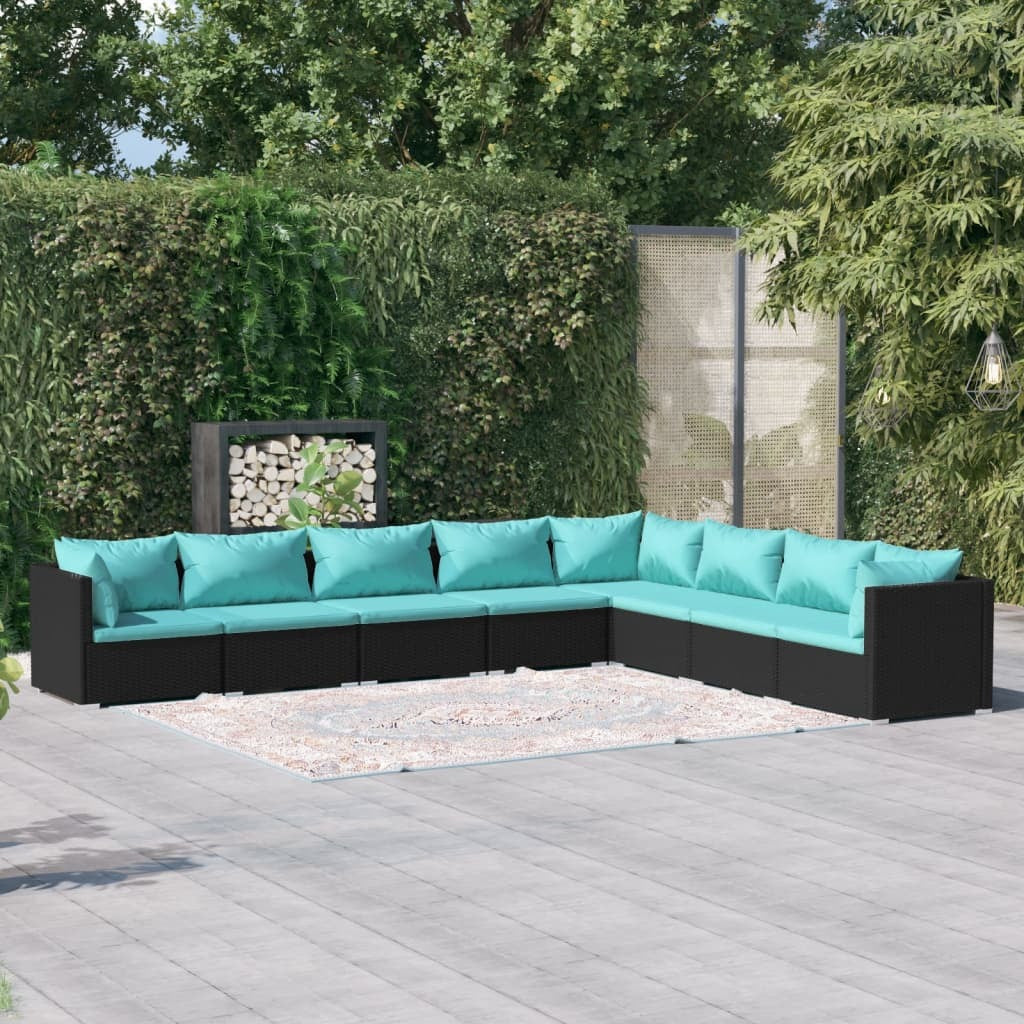8 Piece Patio Lounge Set with Cushions Poly Rattan Black