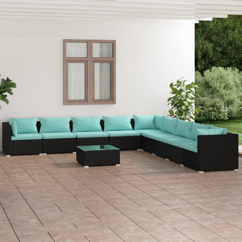 10 Piece Patio Lounge Set with Cushions Poly Rattan Black