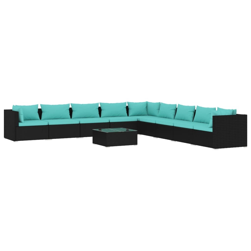 10 Piece Patio Lounge Set with Cushions Poly Rattan Black