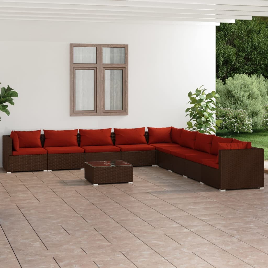 10 Piece Patio Lounge Set with Cushions Poly Rattan Brown