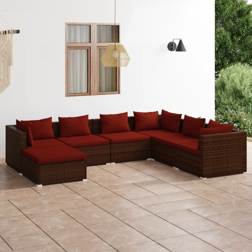 7 Piece Patio Lounge Set with Cushions Poly Rattan Brown