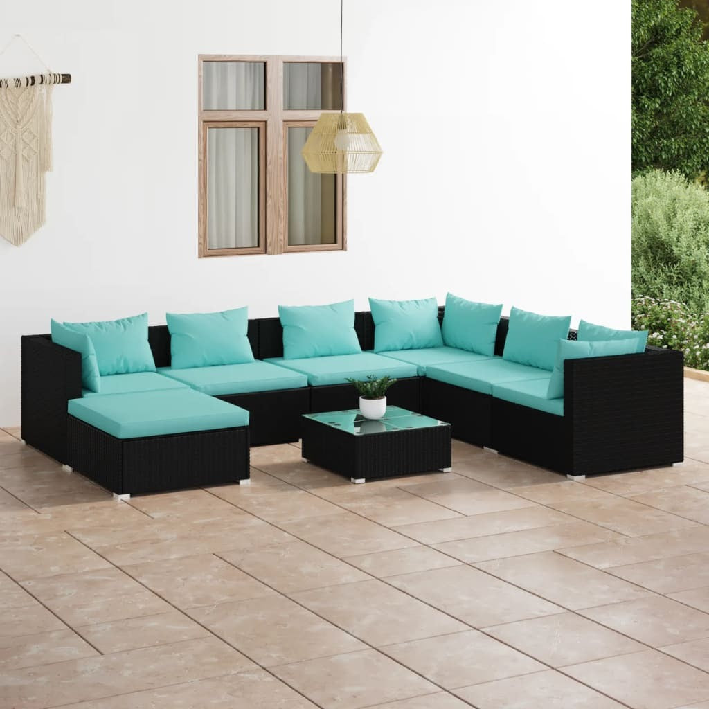 8 Piece Patio Lounge Set with Cushions Poly Rattan Black