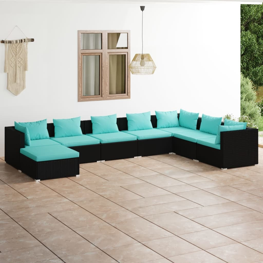 8 Piece Patio Lounge Set with Cushions Poly Rattan Black
