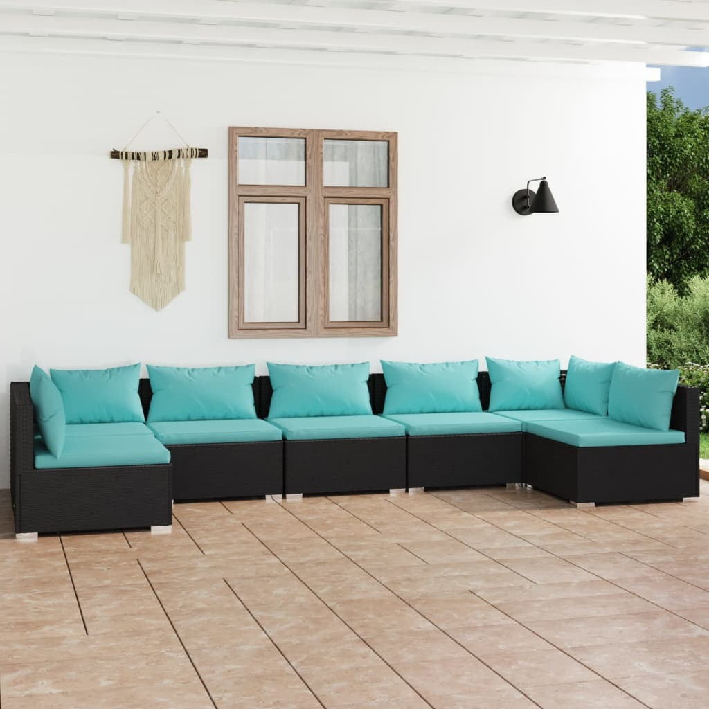 7 Piece Patio Lounge Set with Cushions Poly Rattan Black