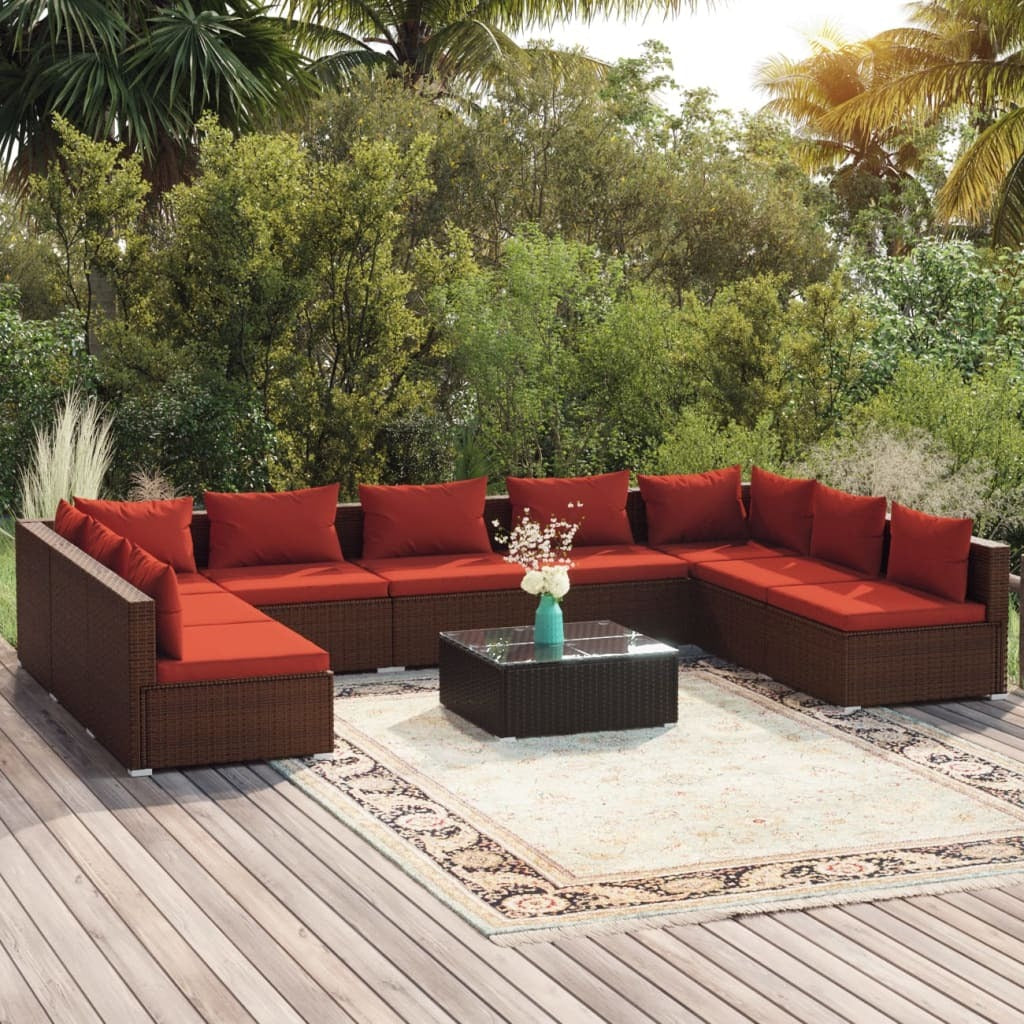 10 Piece Patio Lounge Set with Cushions Poly Rattan Brown