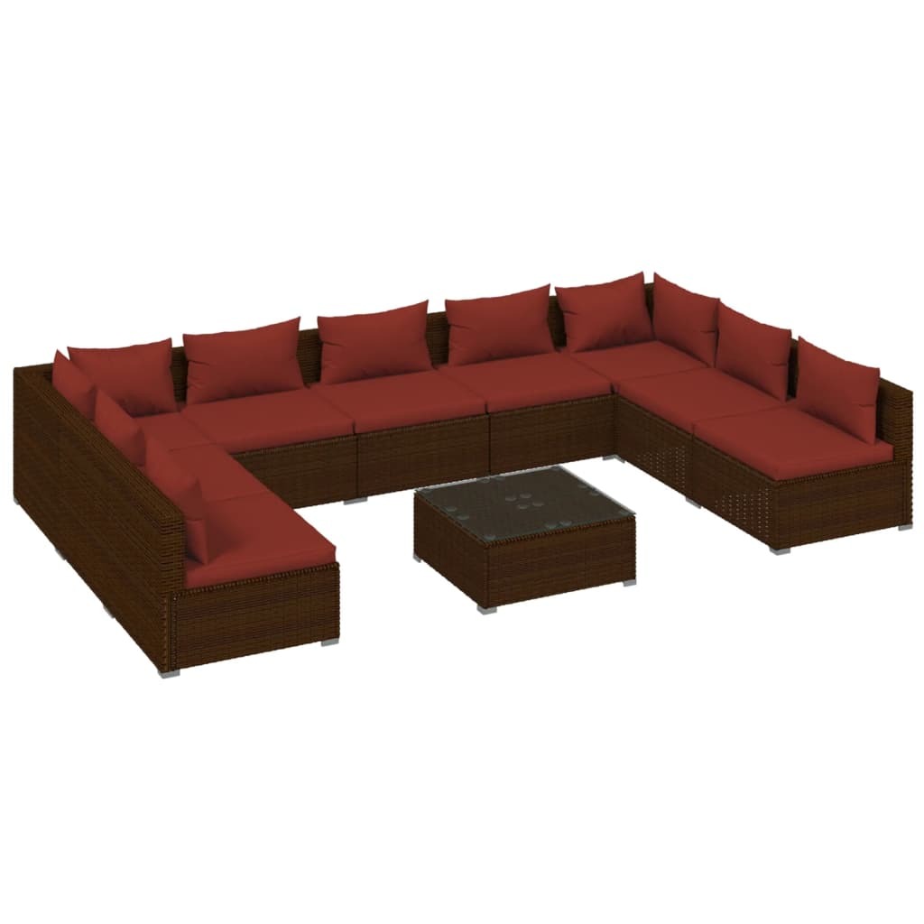 10 Piece Patio Lounge Set with Cushions Poly Rattan Brown