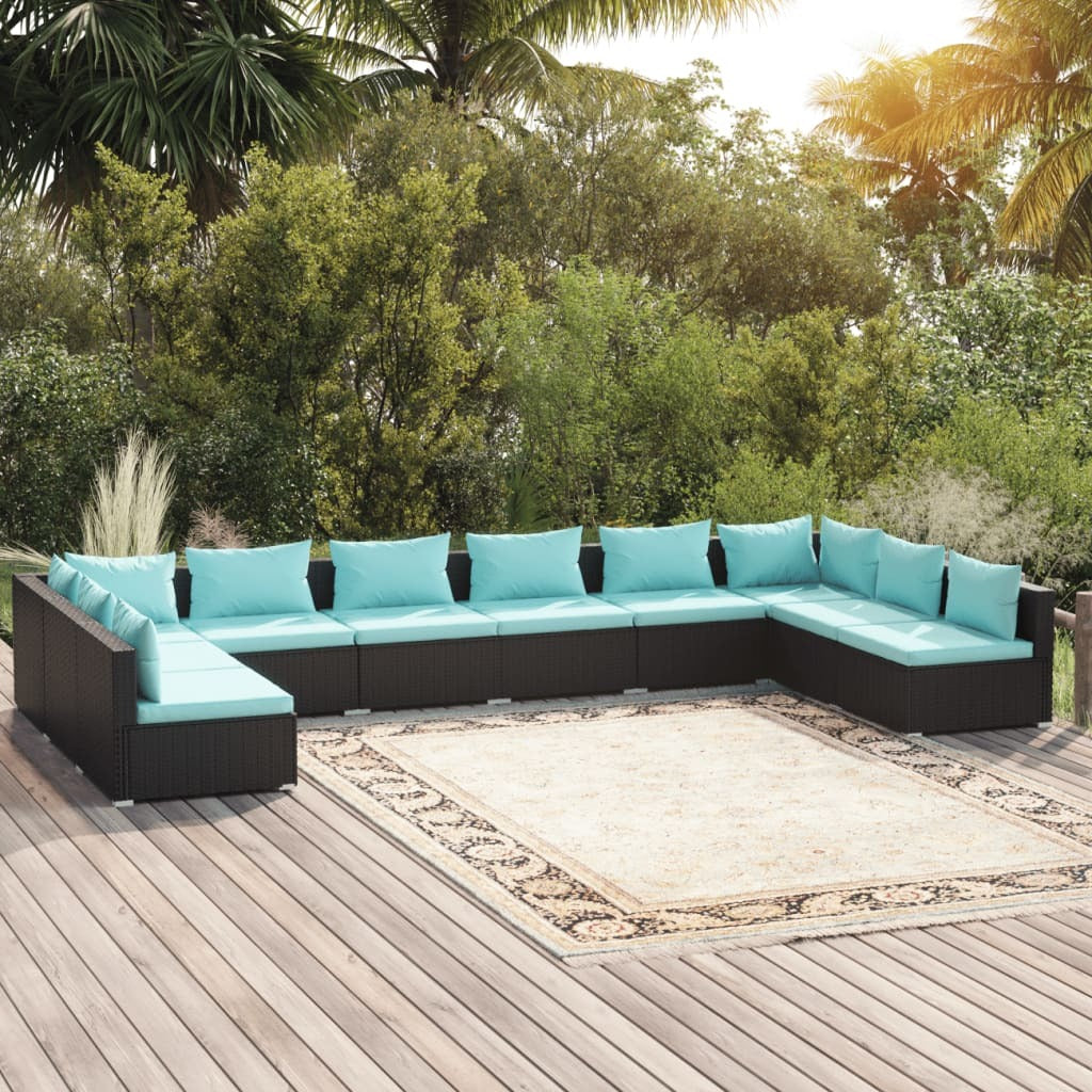 10 Piece Patio Lounge Set with Cushions Poly Rattan Black