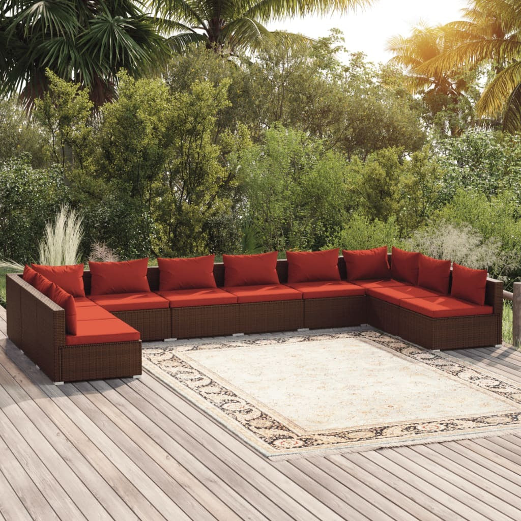 10 Piece Patio Lounge Set with Cushions Poly Rattan Brown