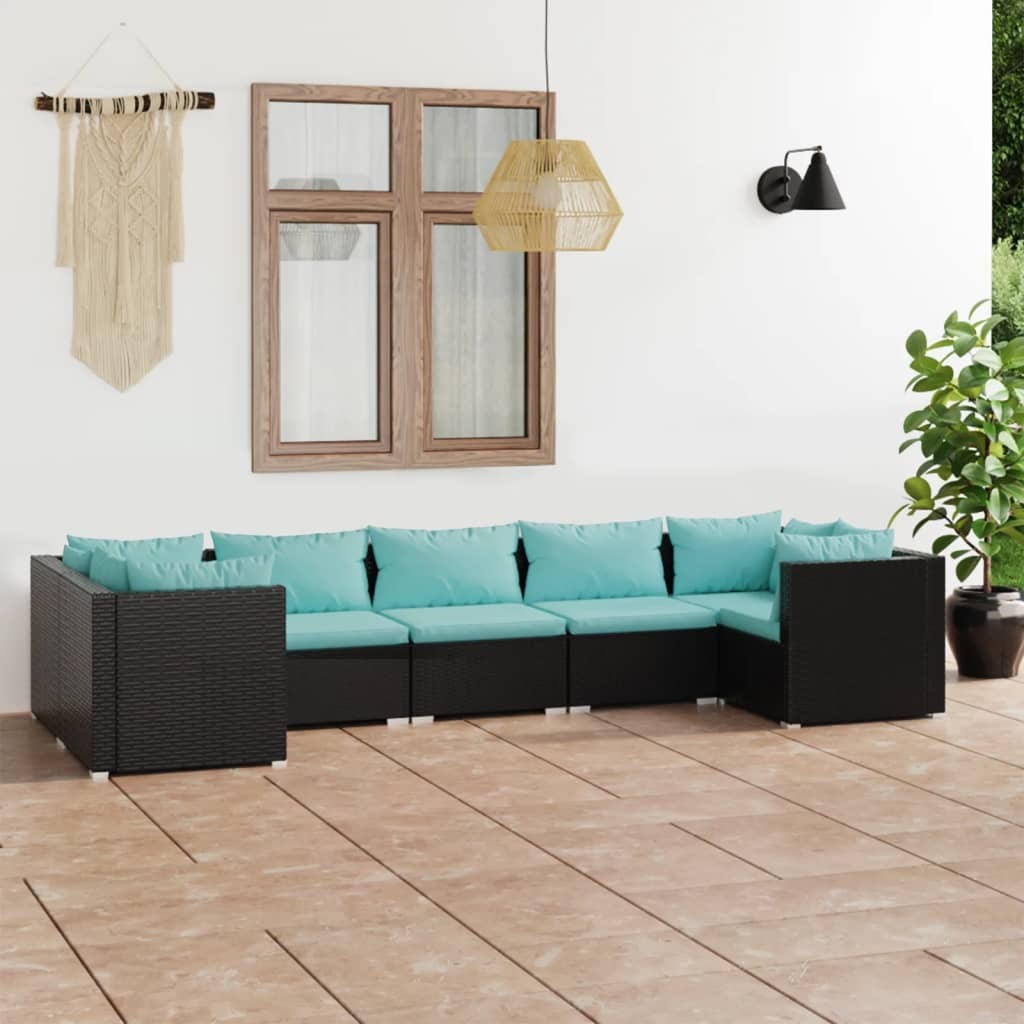 7 Piece Patio Lounge Set with Cushions Poly Rattan Black