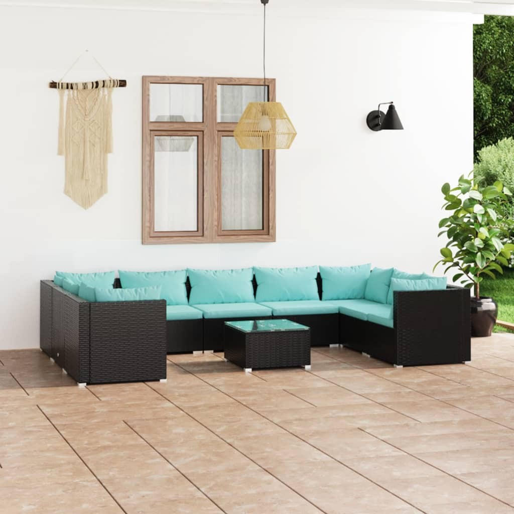 10 Piece Patio Lounge Set with Cushions Poly Rattan Black
