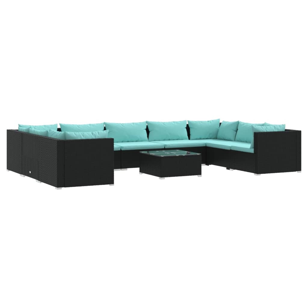 10 Piece Patio Lounge Set with Cushions Poly Rattan Black