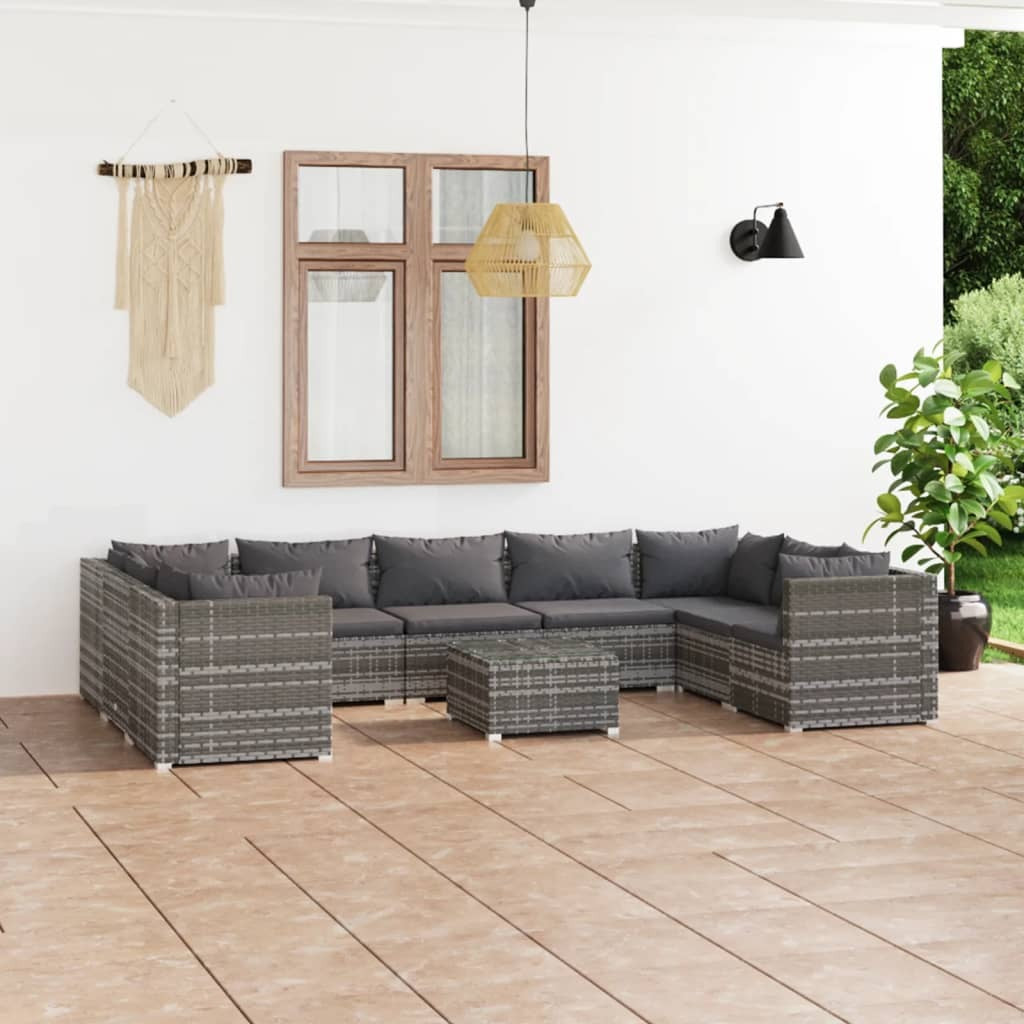 10 Piece Patio Lounge Set with Cushions Poly Rattan Gray