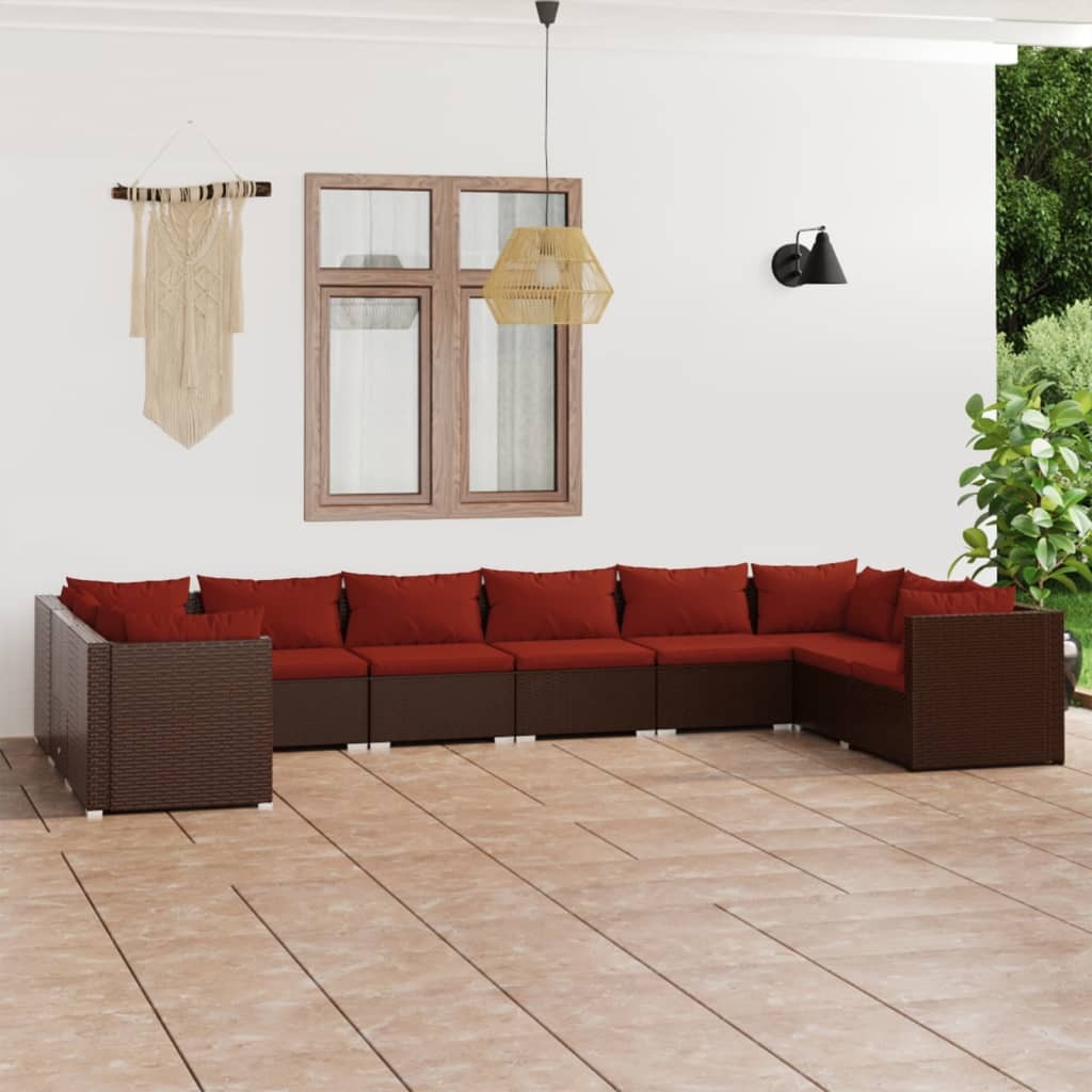 10 Piece Patio Lounge Set with Cushions Poly Rattan Brown