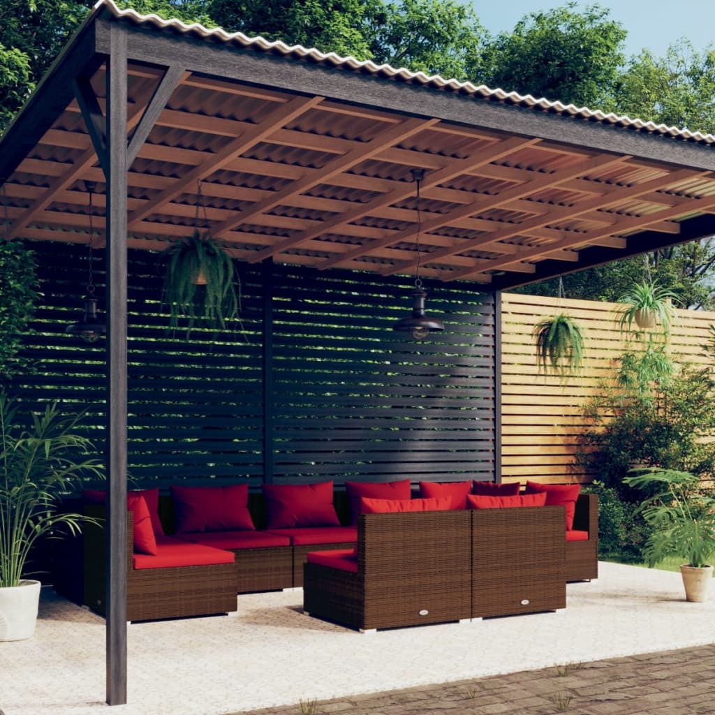 9 Piece Patio Lounge Set with Cushions Brown Poly Rattan