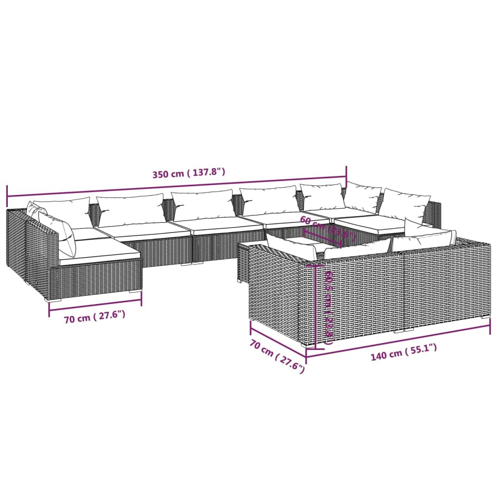 10 Piece Patio Lounge Set with Cushions Black Poly Rattan