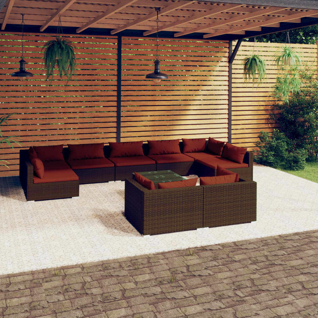 10 Piece Patio Lounge Set with Cushions Brown Poly Rattan