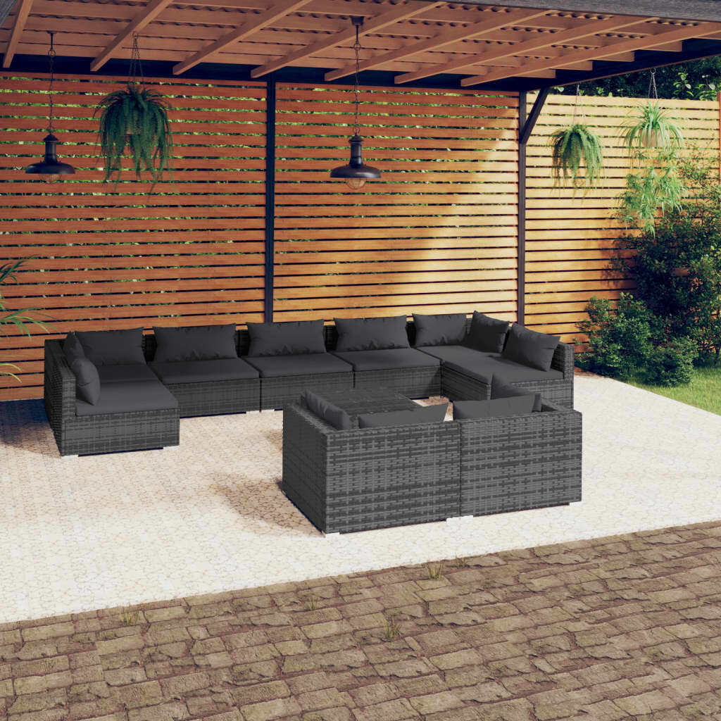 10 Piece Patio Lounge Set with Cushions Gray Poly Rattan
