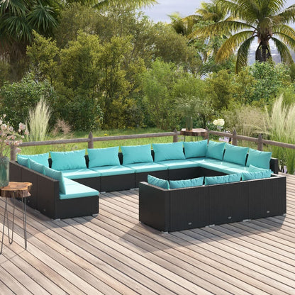 13 Piece Patio Lounge Set with Cushions Black Poly Rattan