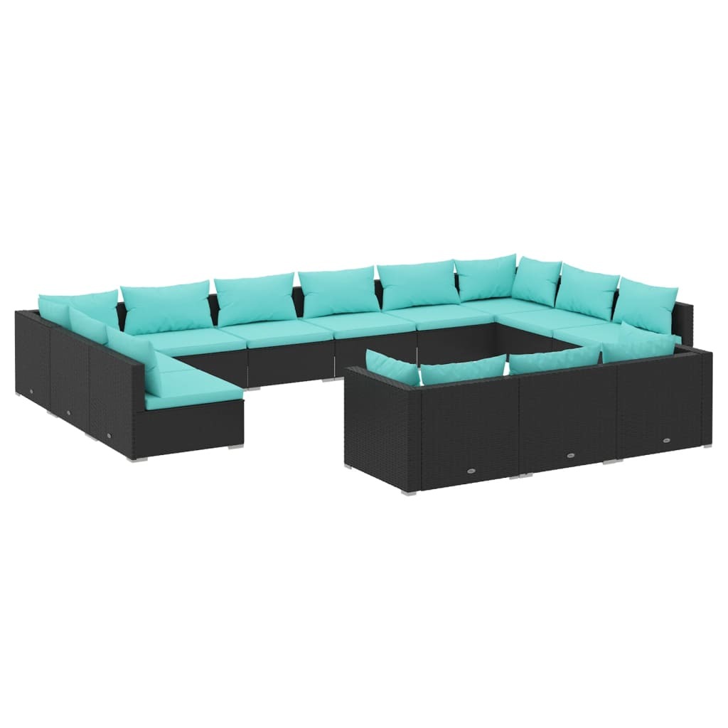 13 Piece Patio Lounge Set with Cushions Black Poly Rattan