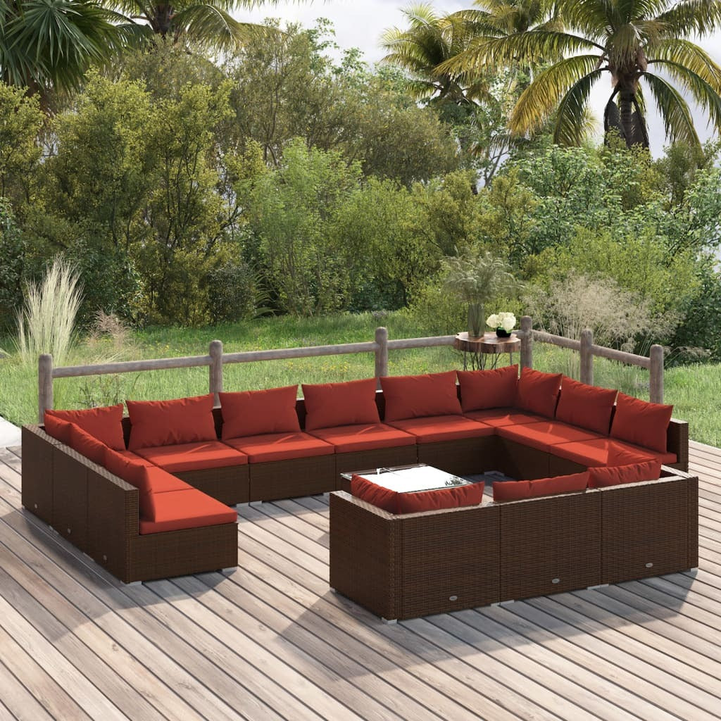 14 Piece Patio Lounge Set with Cushions Brown Poly Rattan