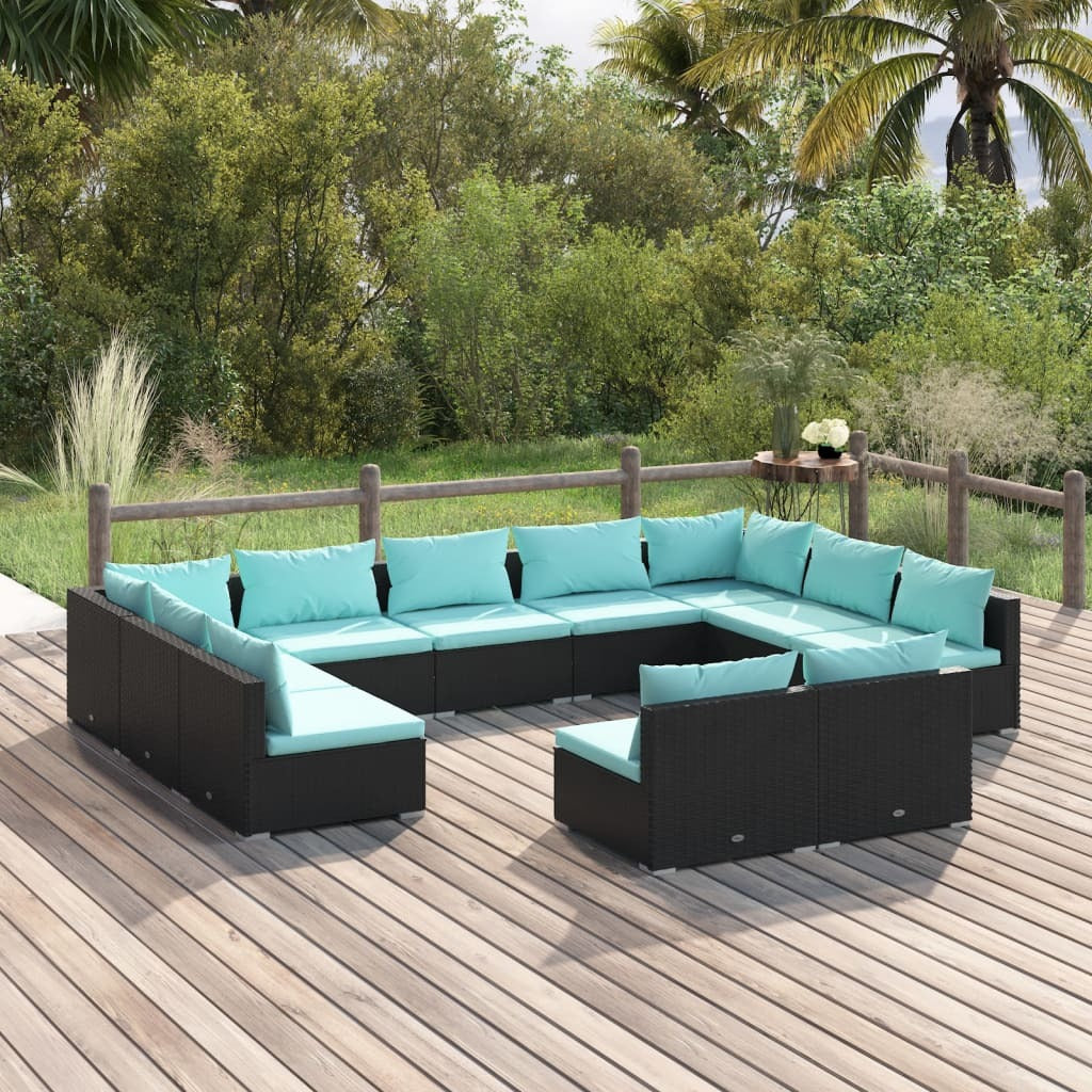 11 Piece Patio Lounge Set with Cushions Black Poly Rattan