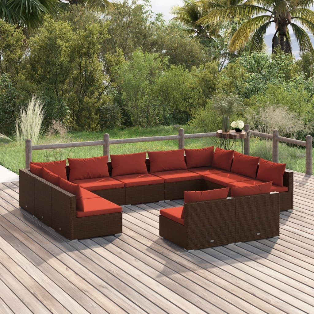 11 Piece Patio Lounge Set with Cushions Brown Poly Rattan